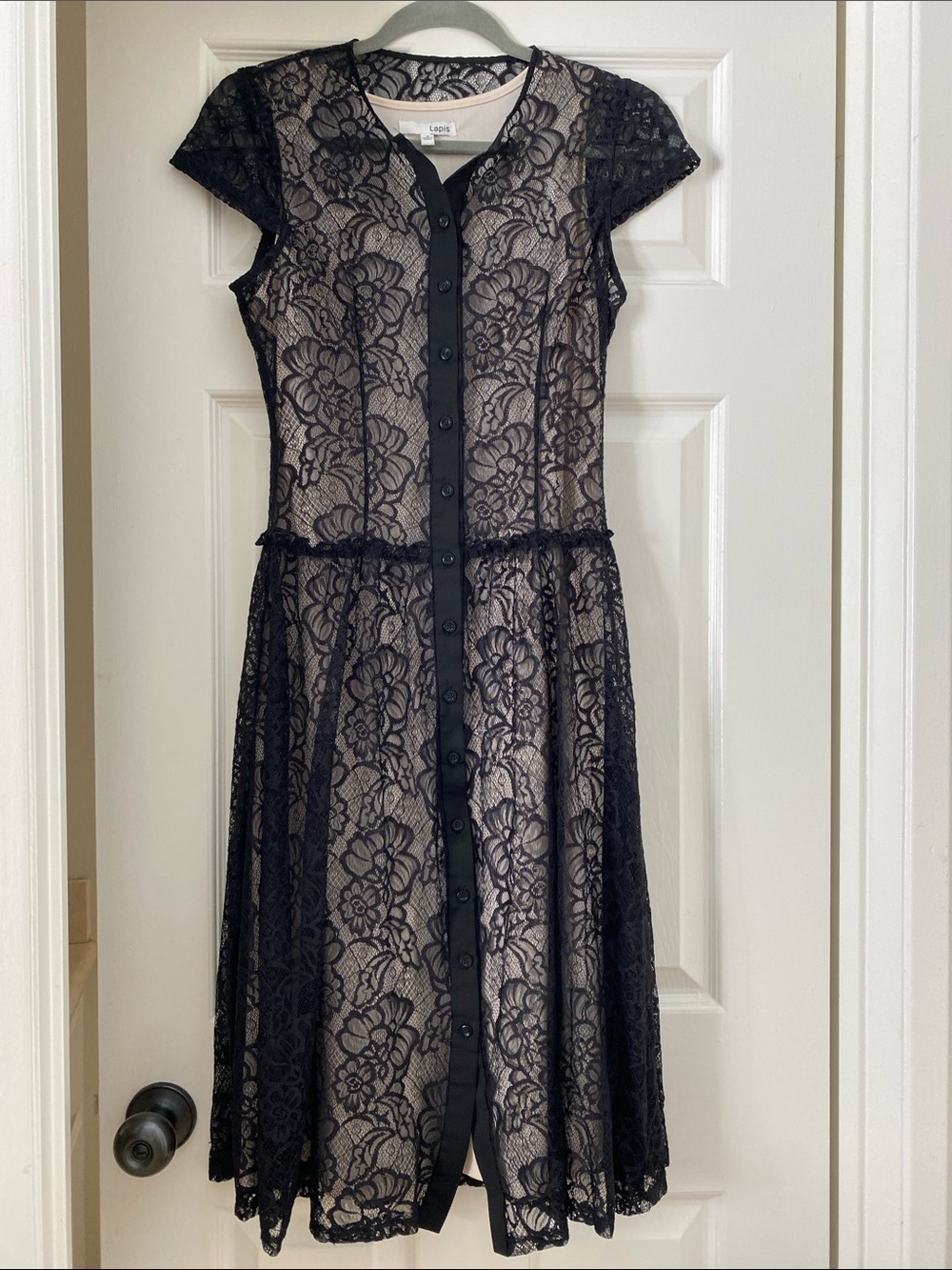 Lapis Black Lace Midi Button-Front Dress